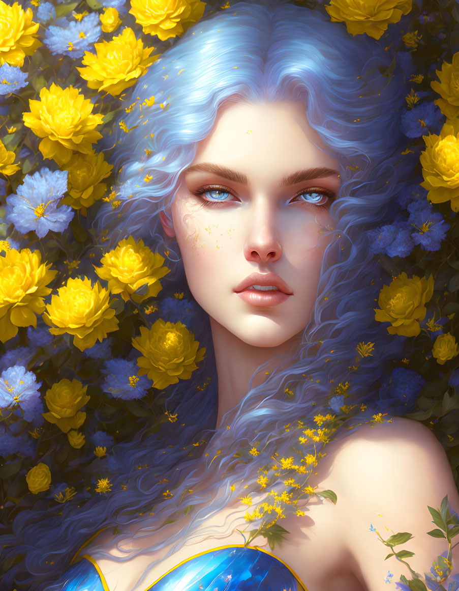 Portrait of woman with fair skin and blue hair among vibrant yellow flowers