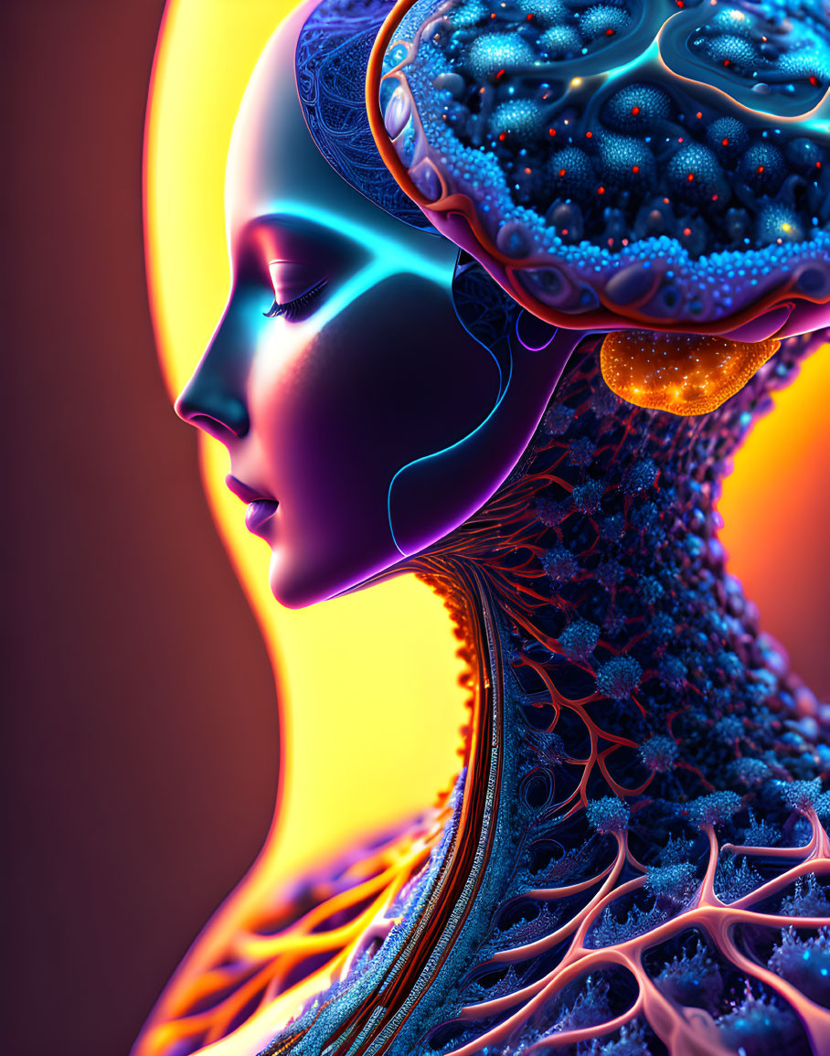 Colorful digital portrait of a woman with stylized brain and glowing aura.