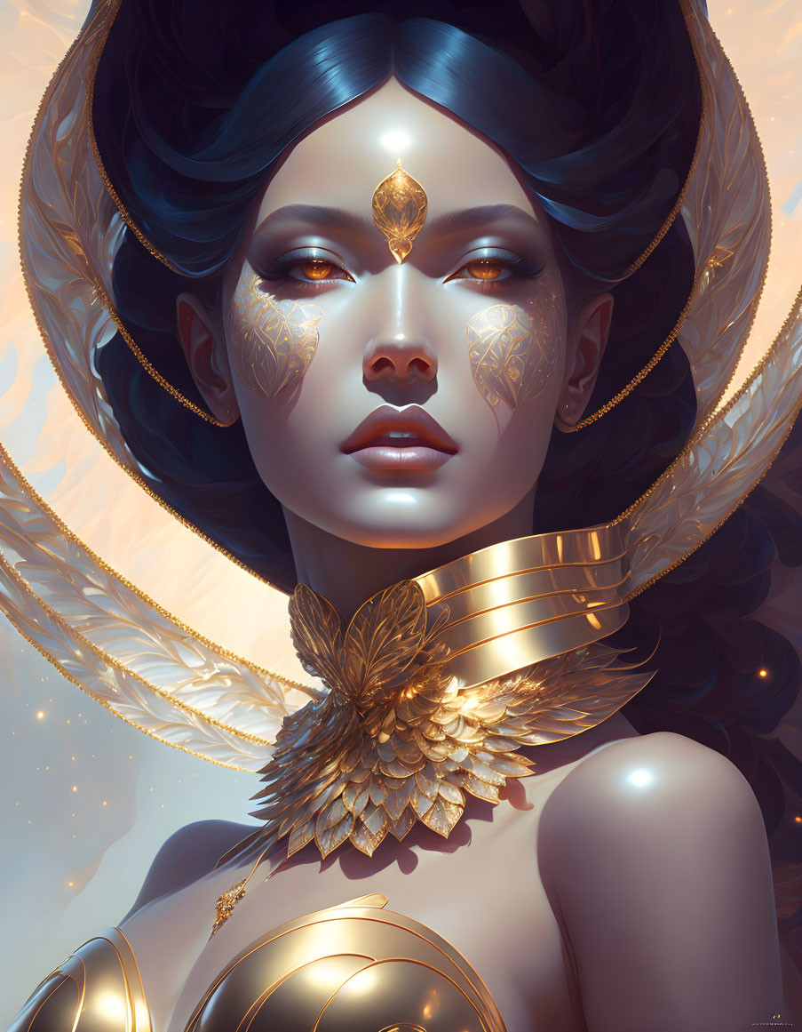 Detailed illustration of woman adorned in ornate gold jewelry on glowing backdrop