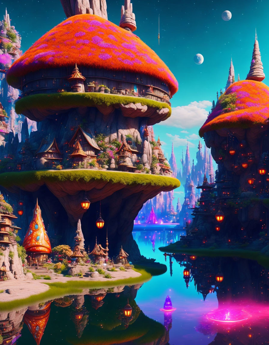 Colorful fantasy landscape with mushroom-like structures, glowing lights, reflective lake, and celestial bodies