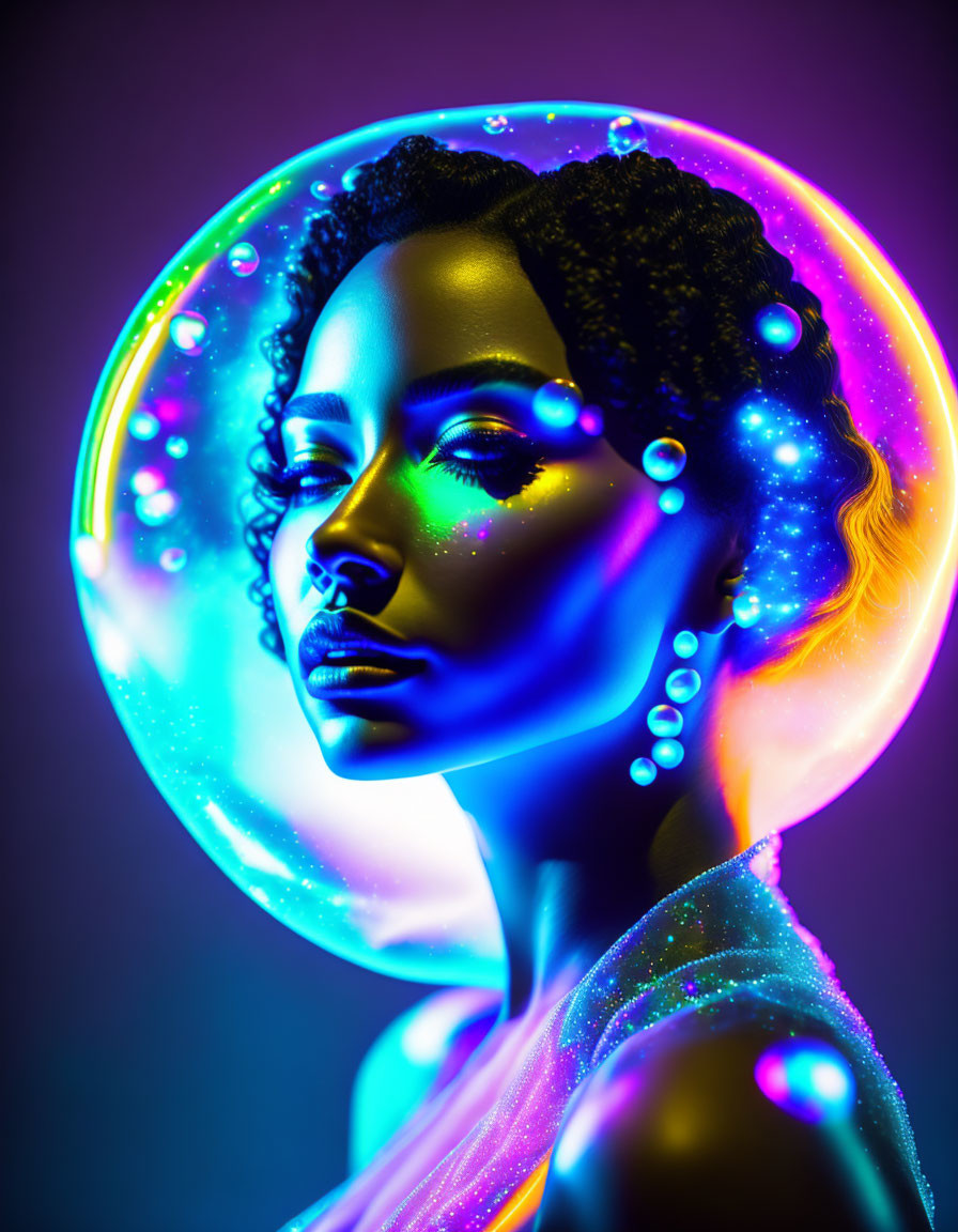 Glowing neon woman with bubble halo and beads in futuristic setting