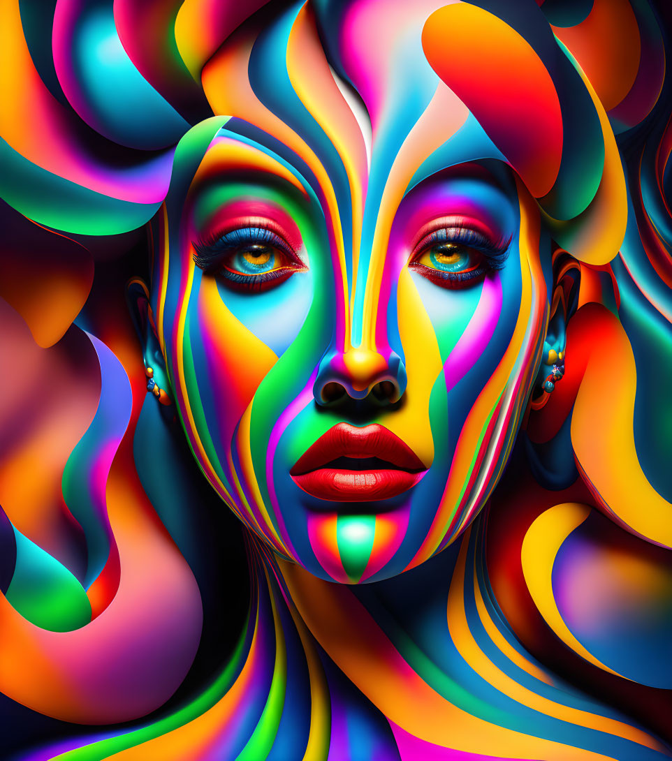 Colorful Psychedelic Swirl Pattern on Woman's Face