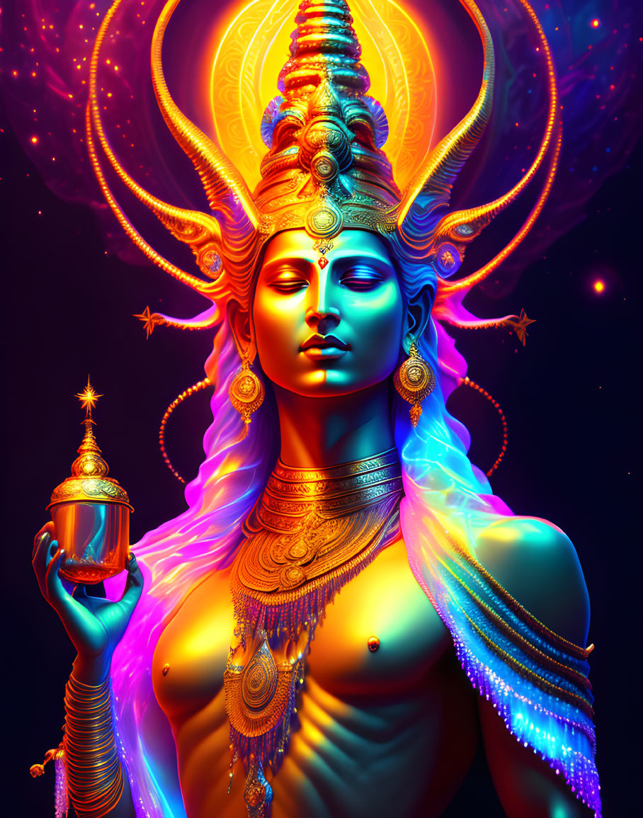 Colorful artwork featuring figure with multiple arms and chalice against cosmic backdrop