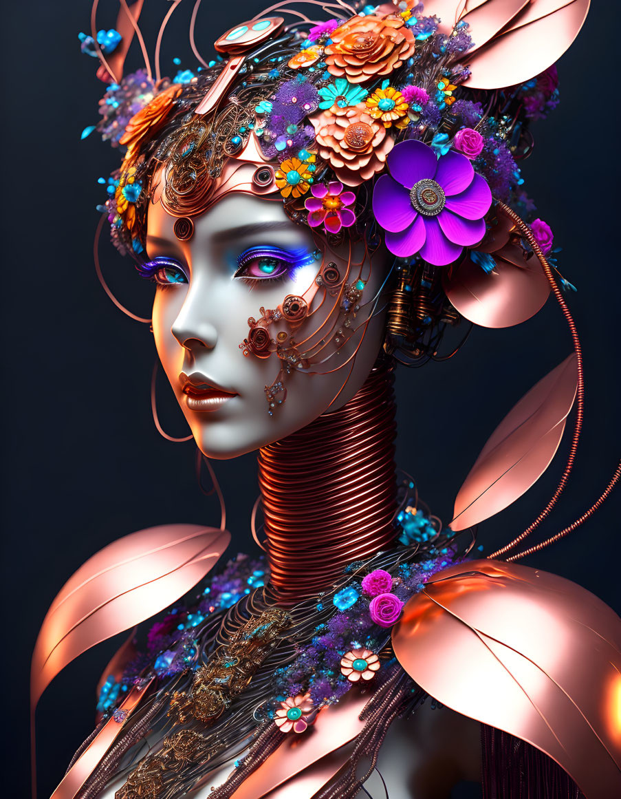 Digital artwork of female figure with floral headgear and metallic coils