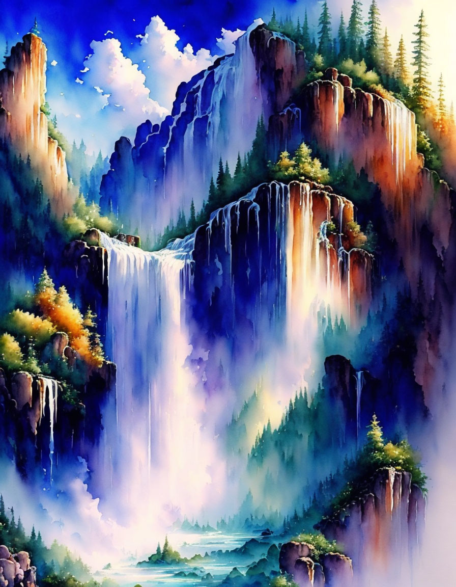 Majestic waterfall painting with lush cliffs and blue sky