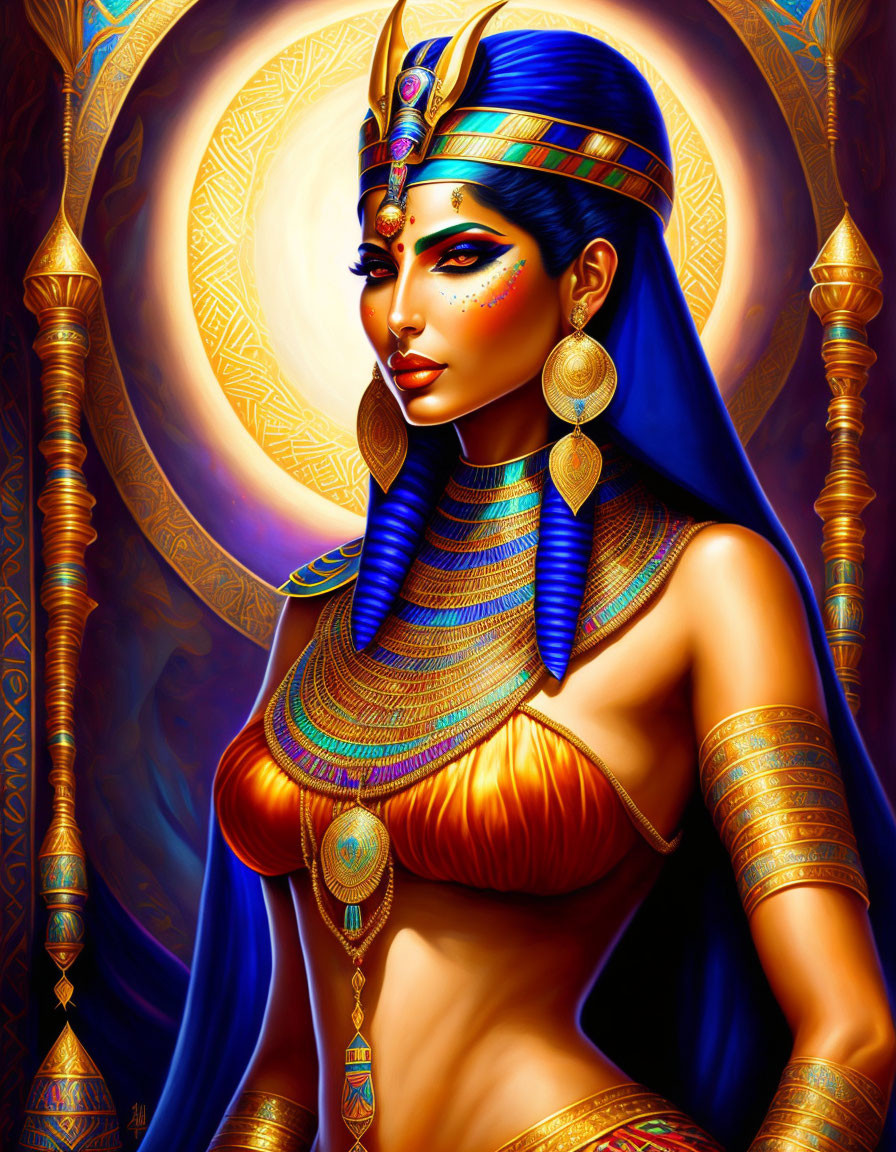 Illustration of woman as Egyptian queen with headdress and gold jewelry