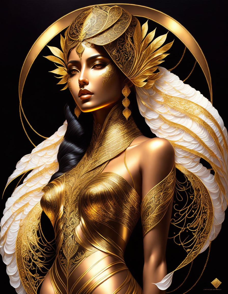 Illustrated woman in golden accessories and feathered details on black background