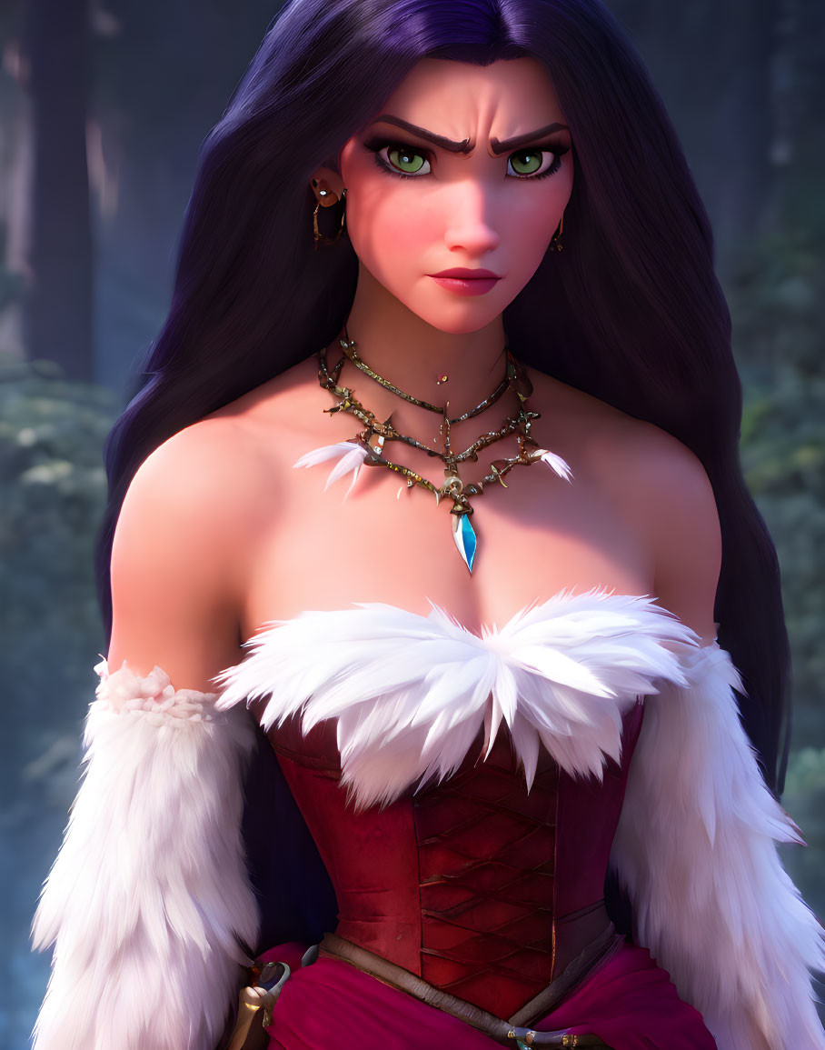 Purple-haired female character in red corset with green eyes and white fur.