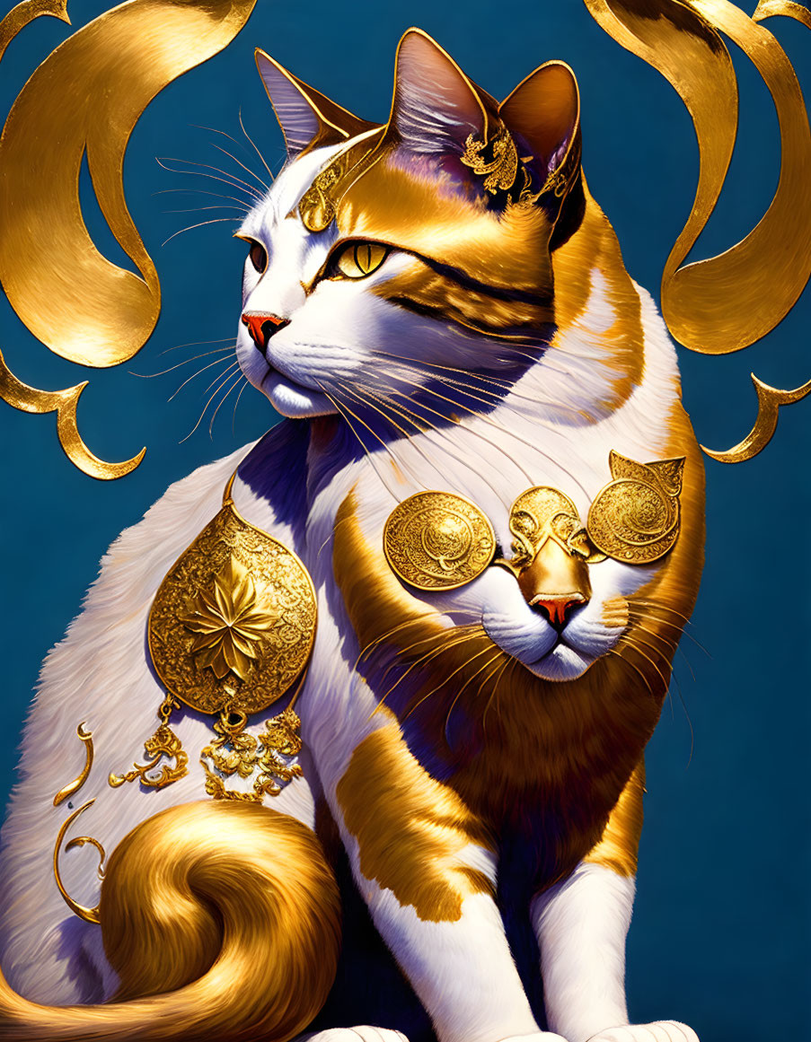 Regal cat digital illustration with gold jewelry on blue background