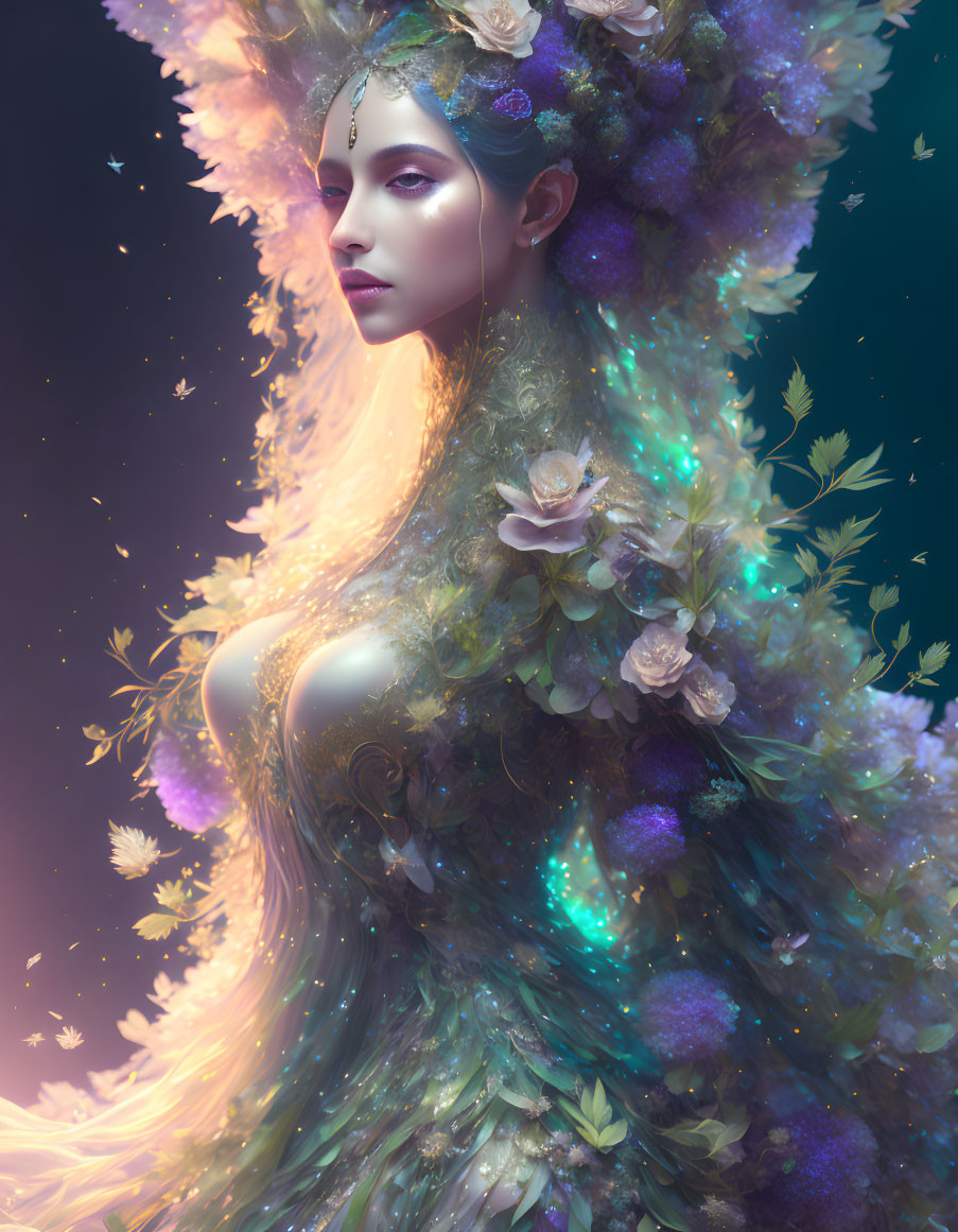 Ethereal woman adorned with flowers and jewelry against celestial backdrop