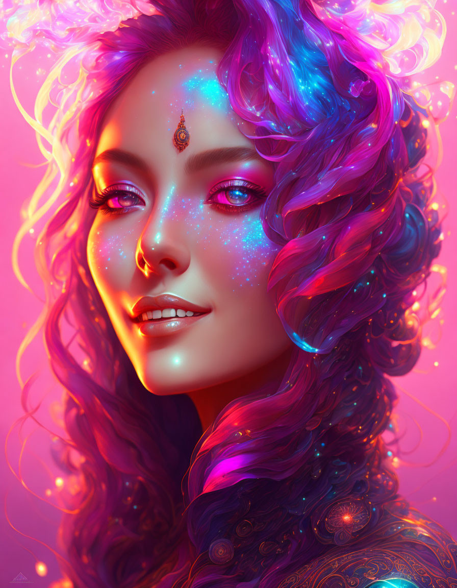 Colorful digital portrait of a woman with galaxy-themed skin and curly hair on pink backdrop