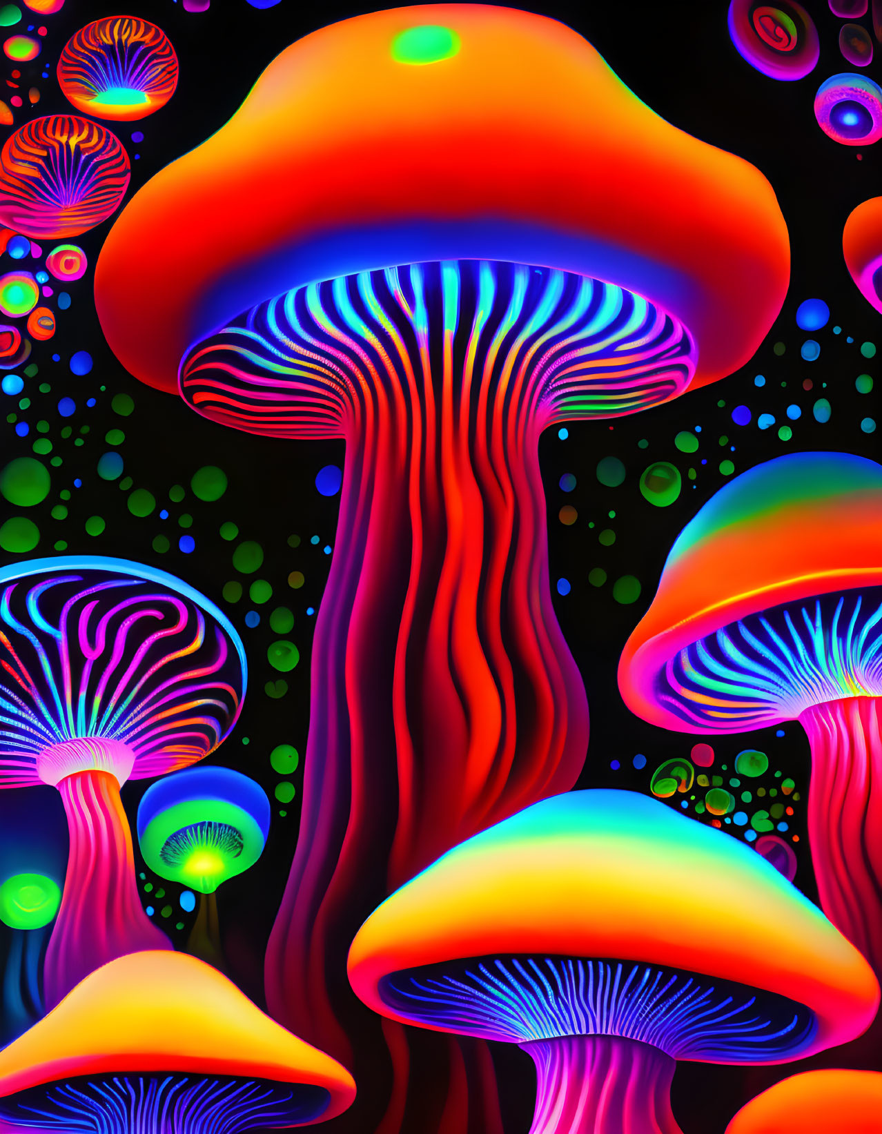 Neon-colored mushroom digital art on black background with colorful orbs