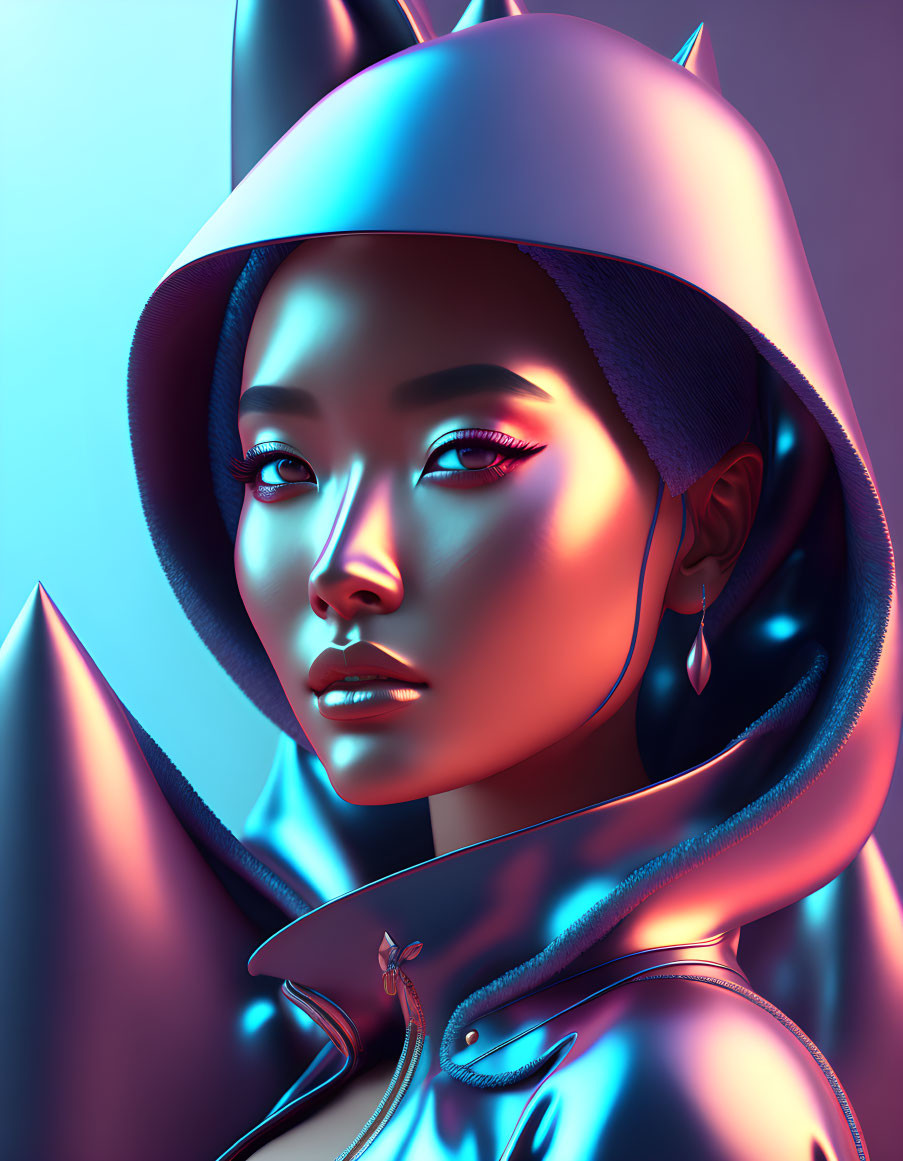 Asian Woman in Futuristic Cat Outfit Under Cool Lighting