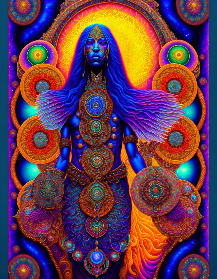 Colorful psychedelic artwork with blue figure and mandala patterns