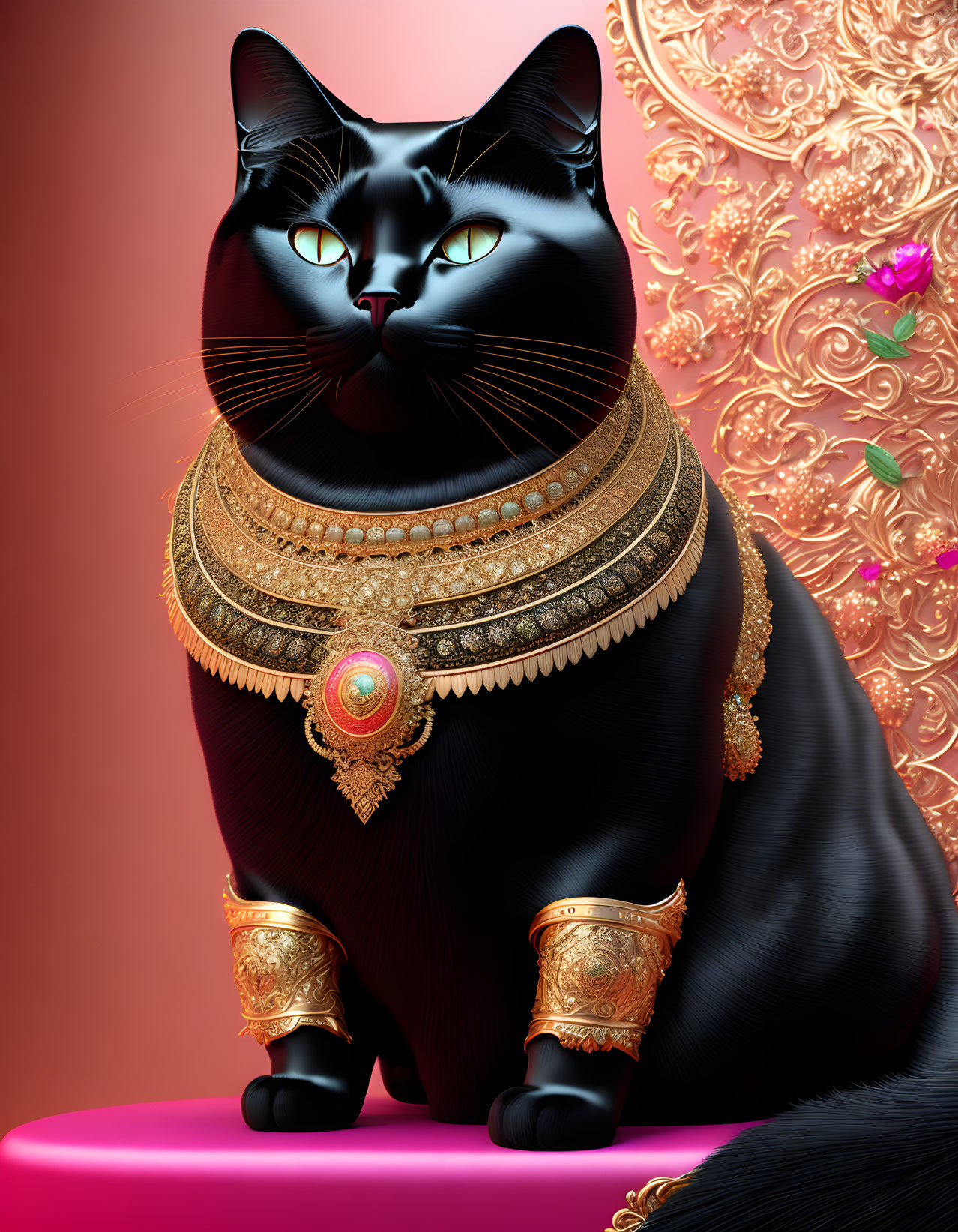 Black Cat with Golden Jewelry on Red and Gold Background