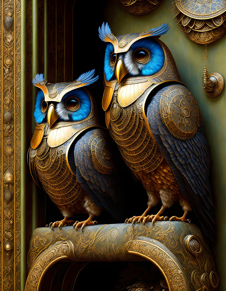 Ornate Blue and Bronze Mechanical Owls on Decorated Structure