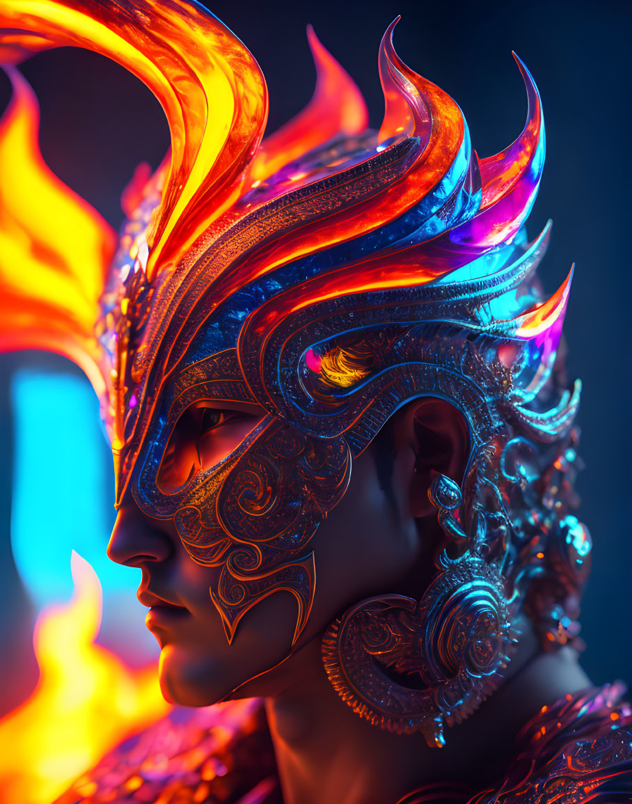 Profile view of person in ornate flame-inspired helmet with vibrant blue and orange hues, evoking a