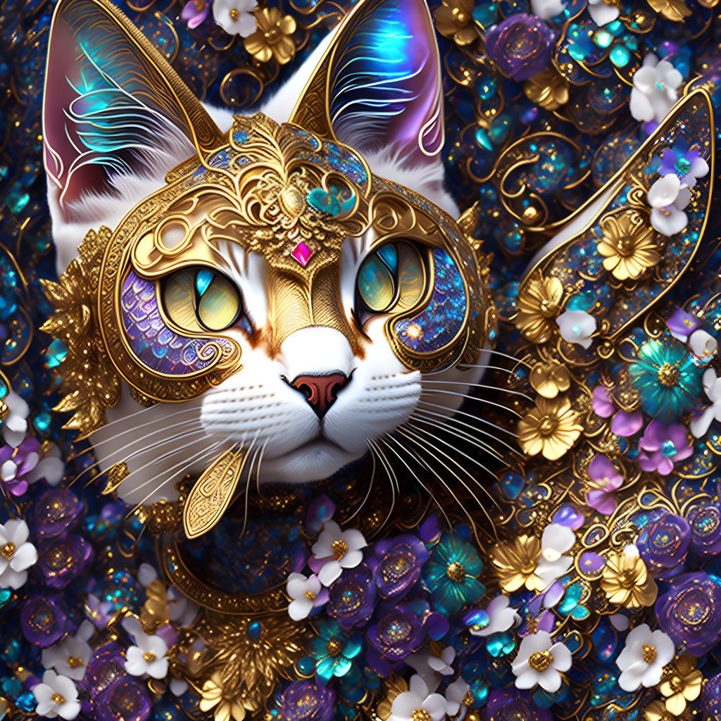 Digital Artwork: Cat with Golden Jewelry and Blue Eyes on Ornate Background