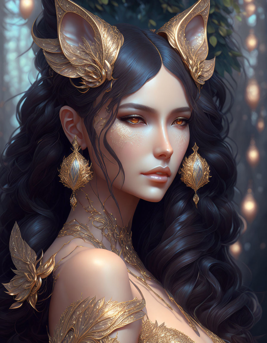 Portrait of woman with golden cat ears, jewelry, dark hair, and forest backdrop