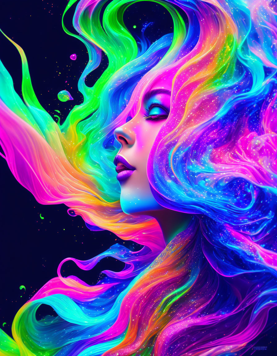 Colorful digital artwork: Woman with flowing neon hair on dark blue background