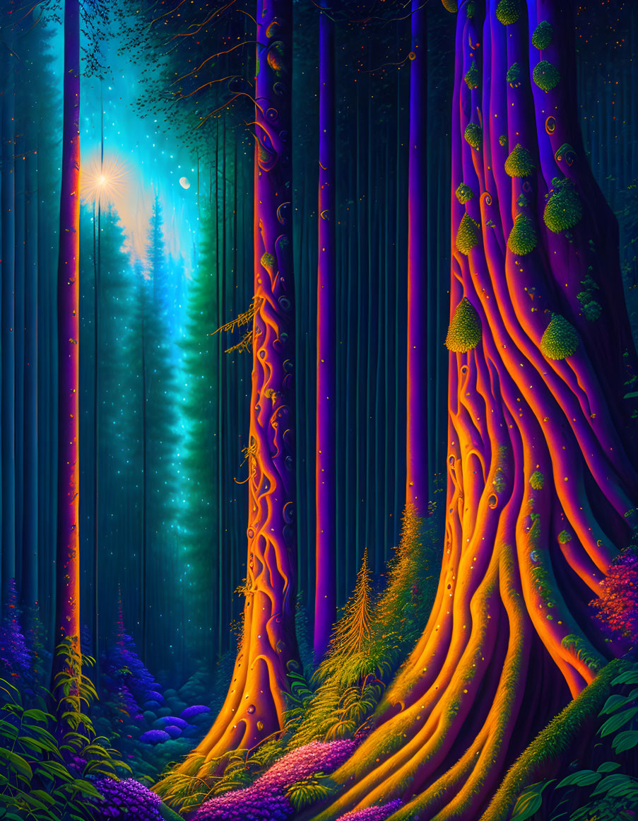 Mystical forest with purple and orange hues under starry sky