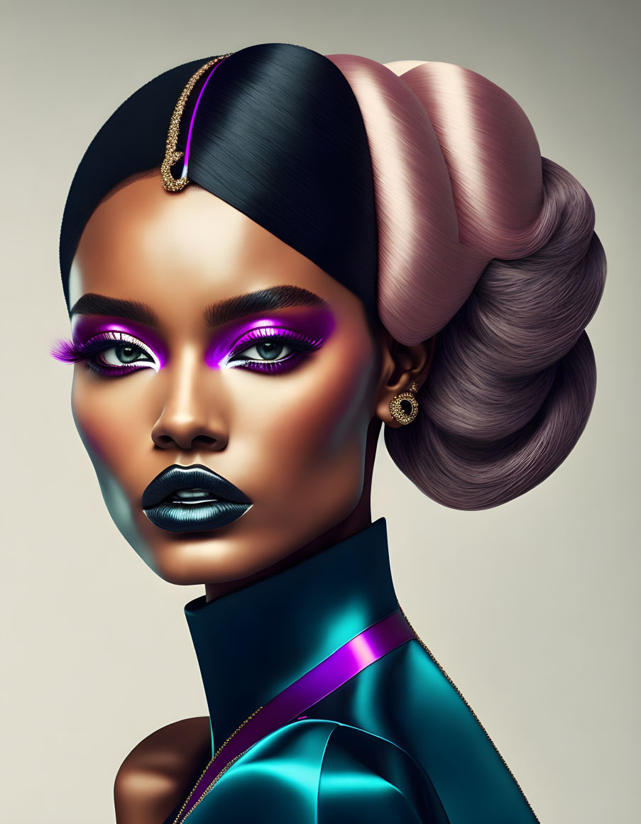 Vibrant digital portrait of a woman with purple eye makeup and blue lips