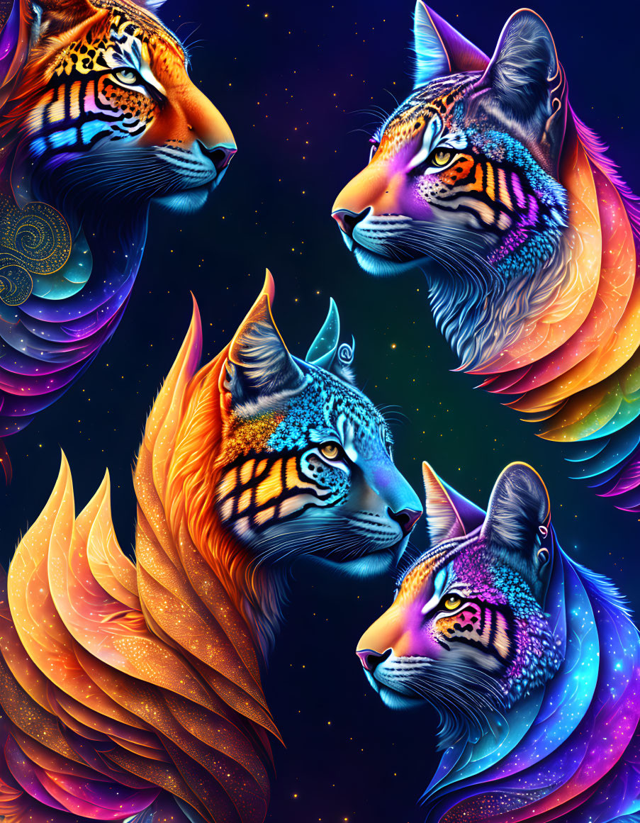 Vibrant winged tigers in cosmic setting with neon colors