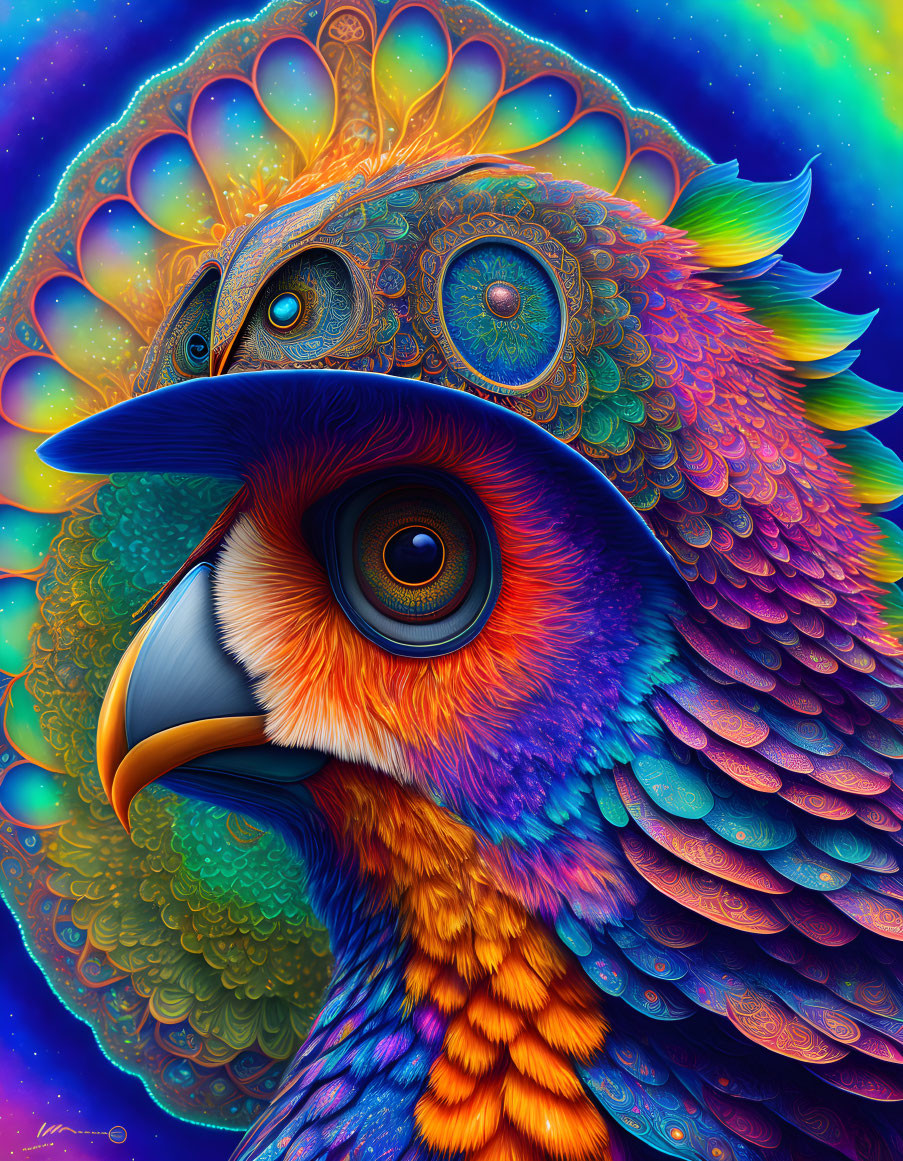 Colorful digital artwork: Ornate peacock in vibrant blues, oranges, and purples on