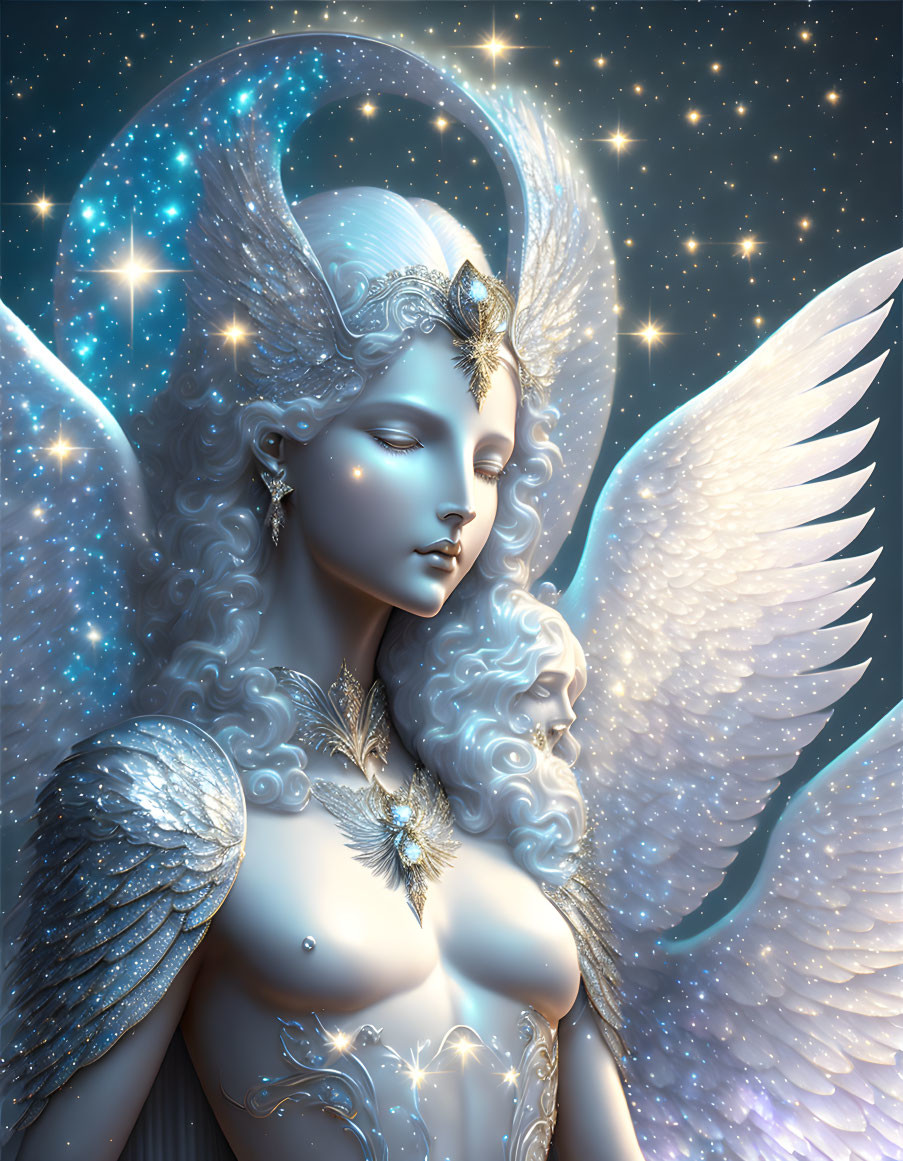 Celestial fantasy figure with luminous skin and silver curls in gold adornments.