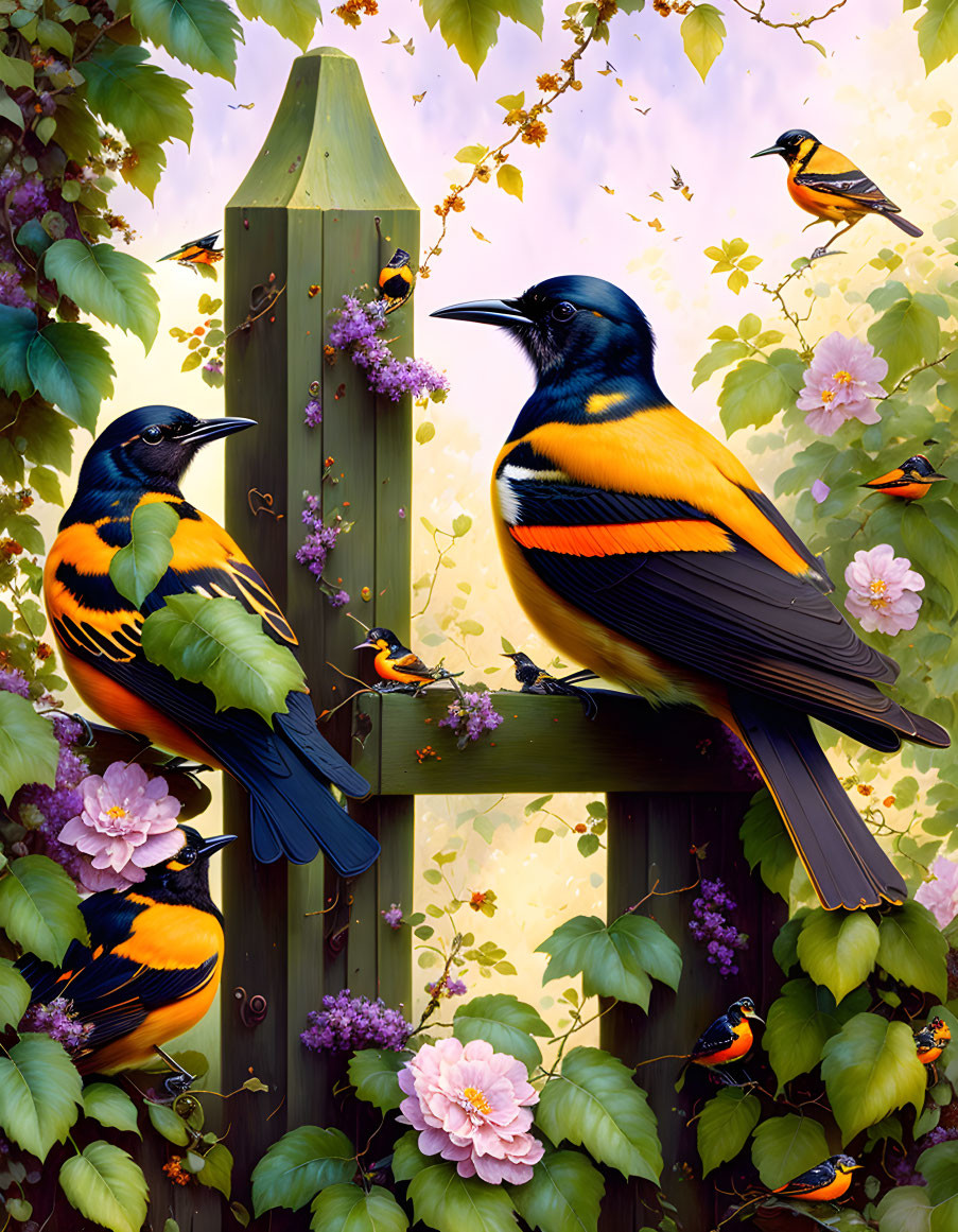 Colorful Baltimore Orioles on Wooden Fence with Purple Flowers