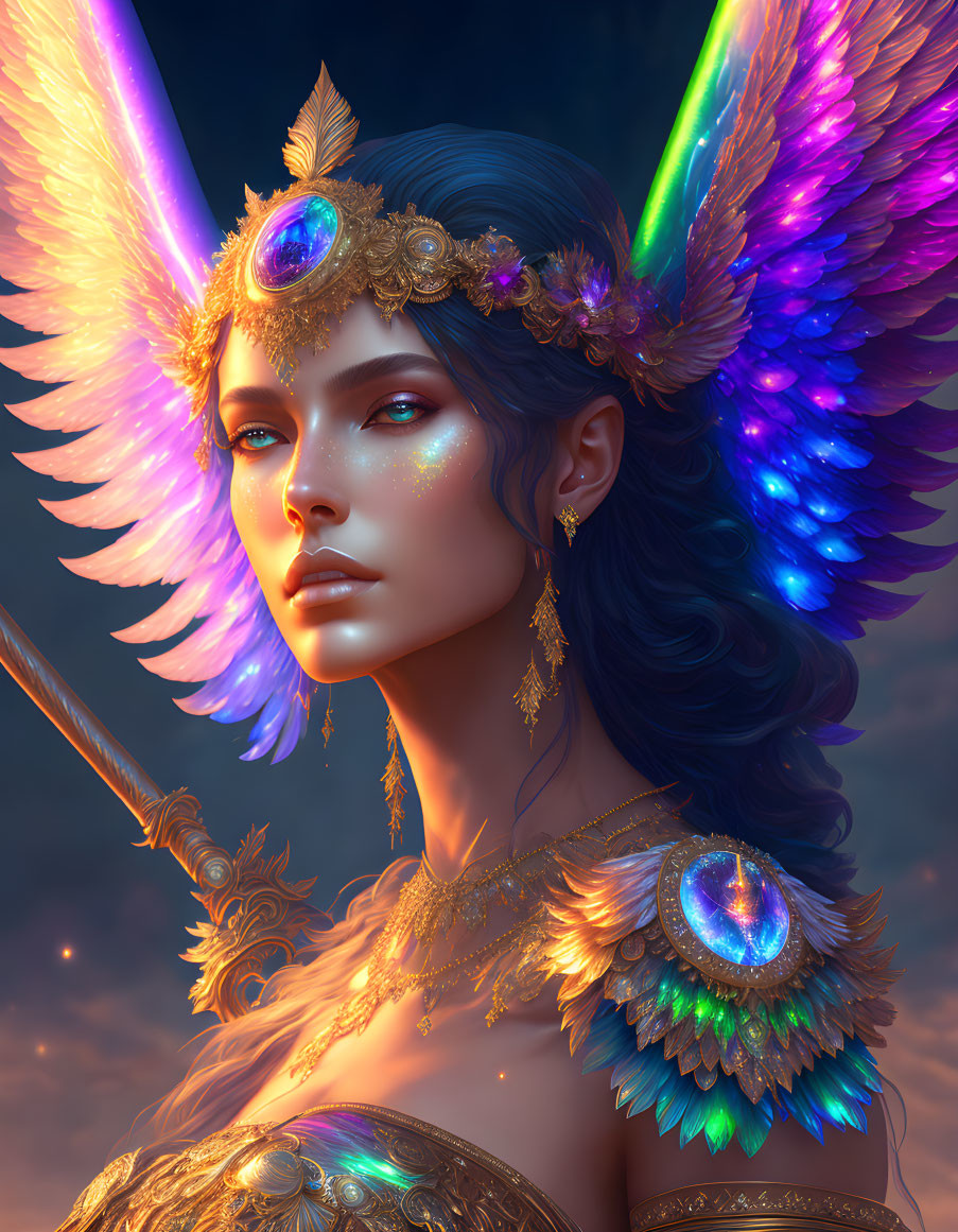 Digital Artwork: Mystical Woman with Blue Skin and Iridescent Wings