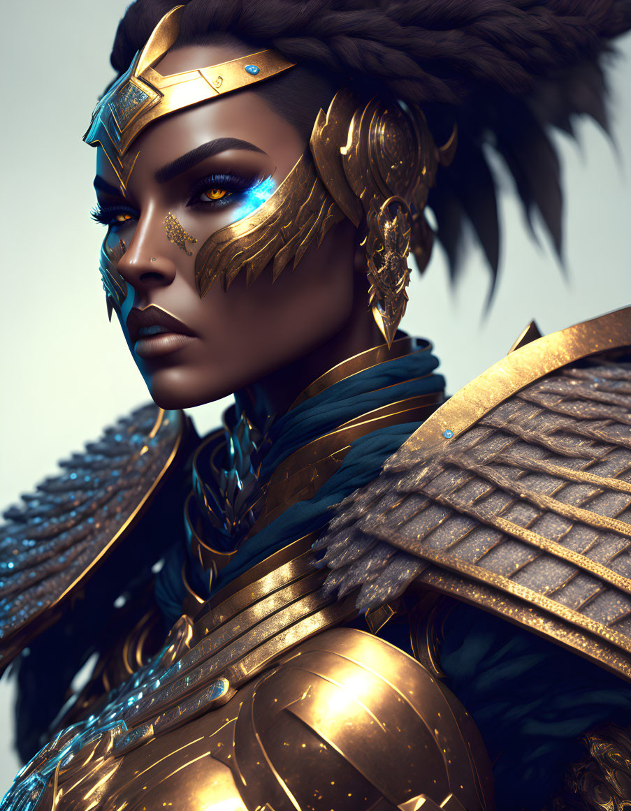 Regal warrior in intricate golden armor with braided hair