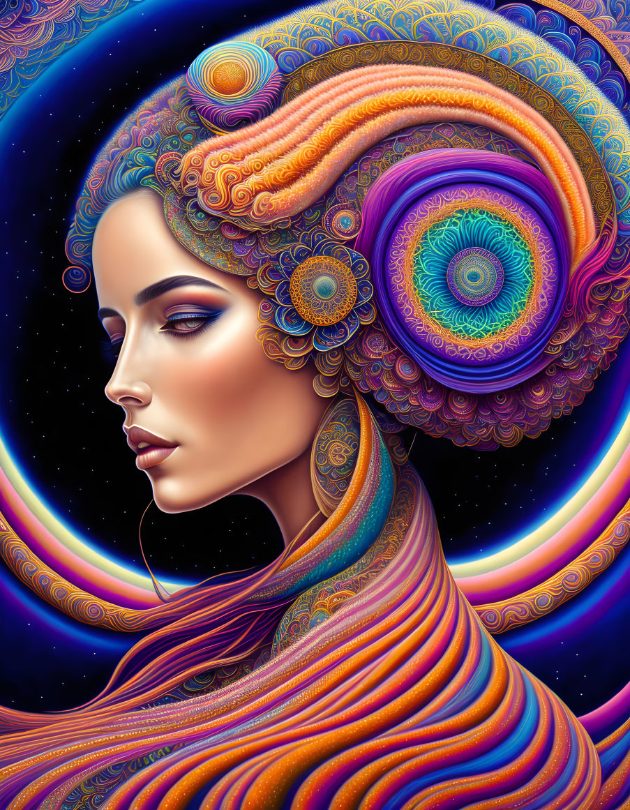 Colorful digital artwork of woman with swirling patterns - Psychedelic celestial effect