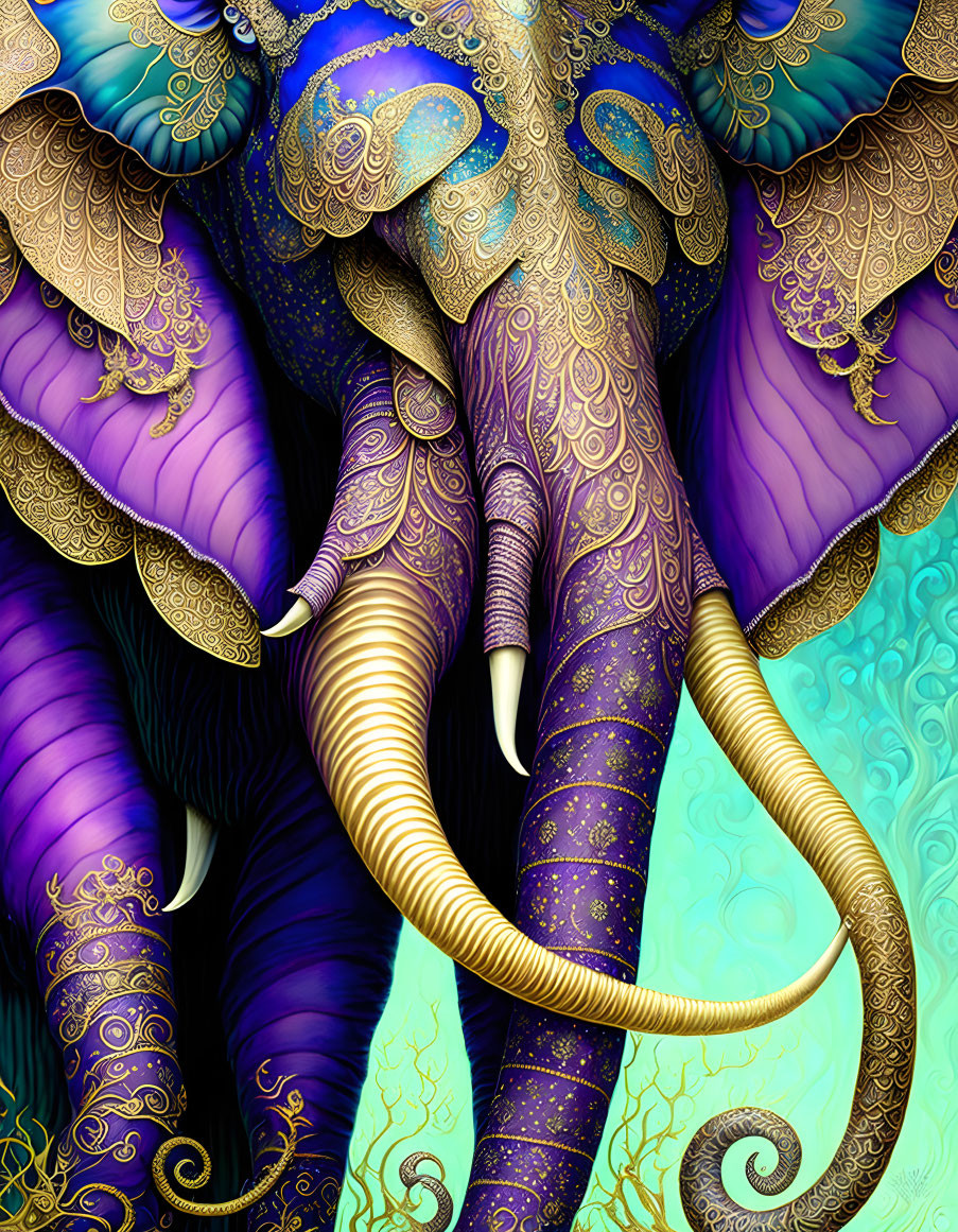 Colorful Ornate Elephant Illustration on Teal Background