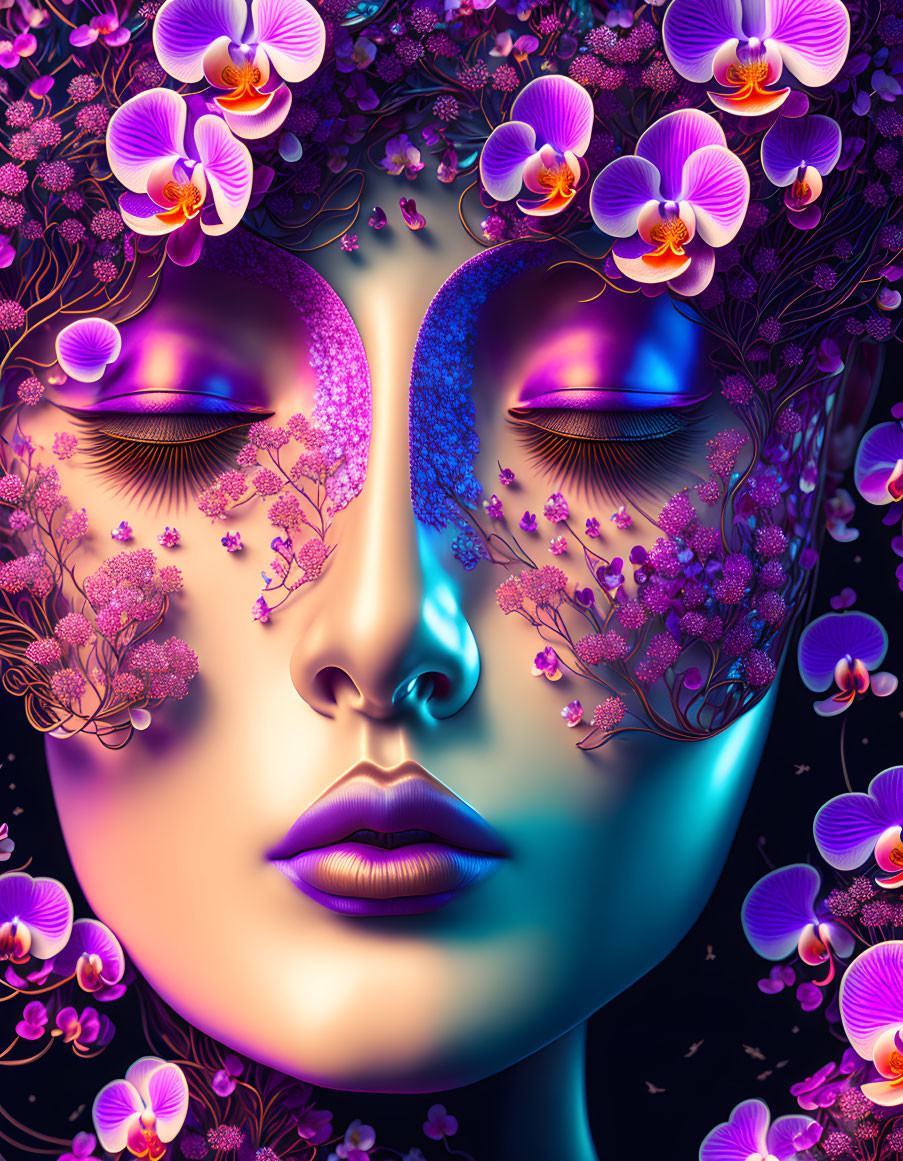 Illustration: Face with purple orchids and foliage eyes on dark backdrop