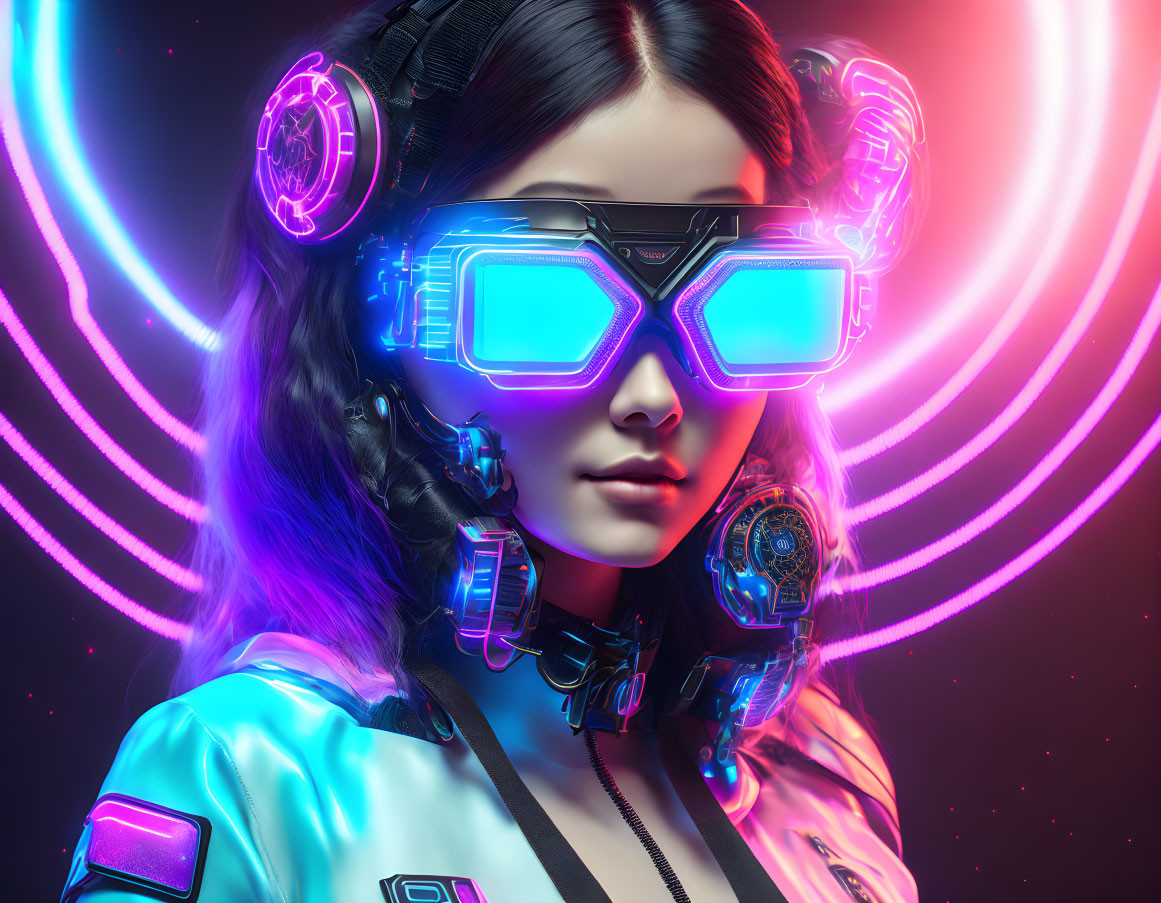 Woman with cyberpunk eyewear, headphones, and neon lights on dark background