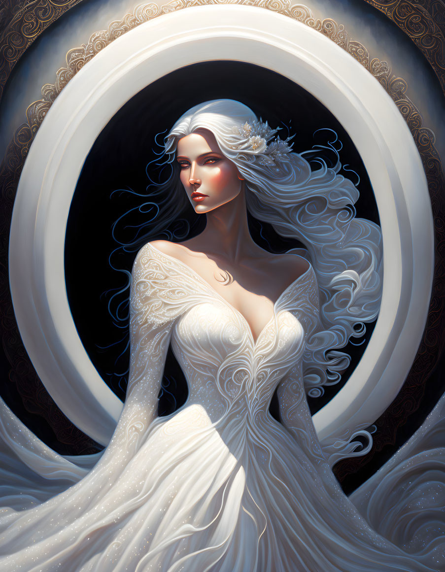 Detailed Illustration: Woman with White Hair in Ornate Gown on Dark Background