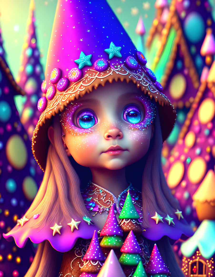 Whimsical digital artwork of girl in wizard hat among magical trees