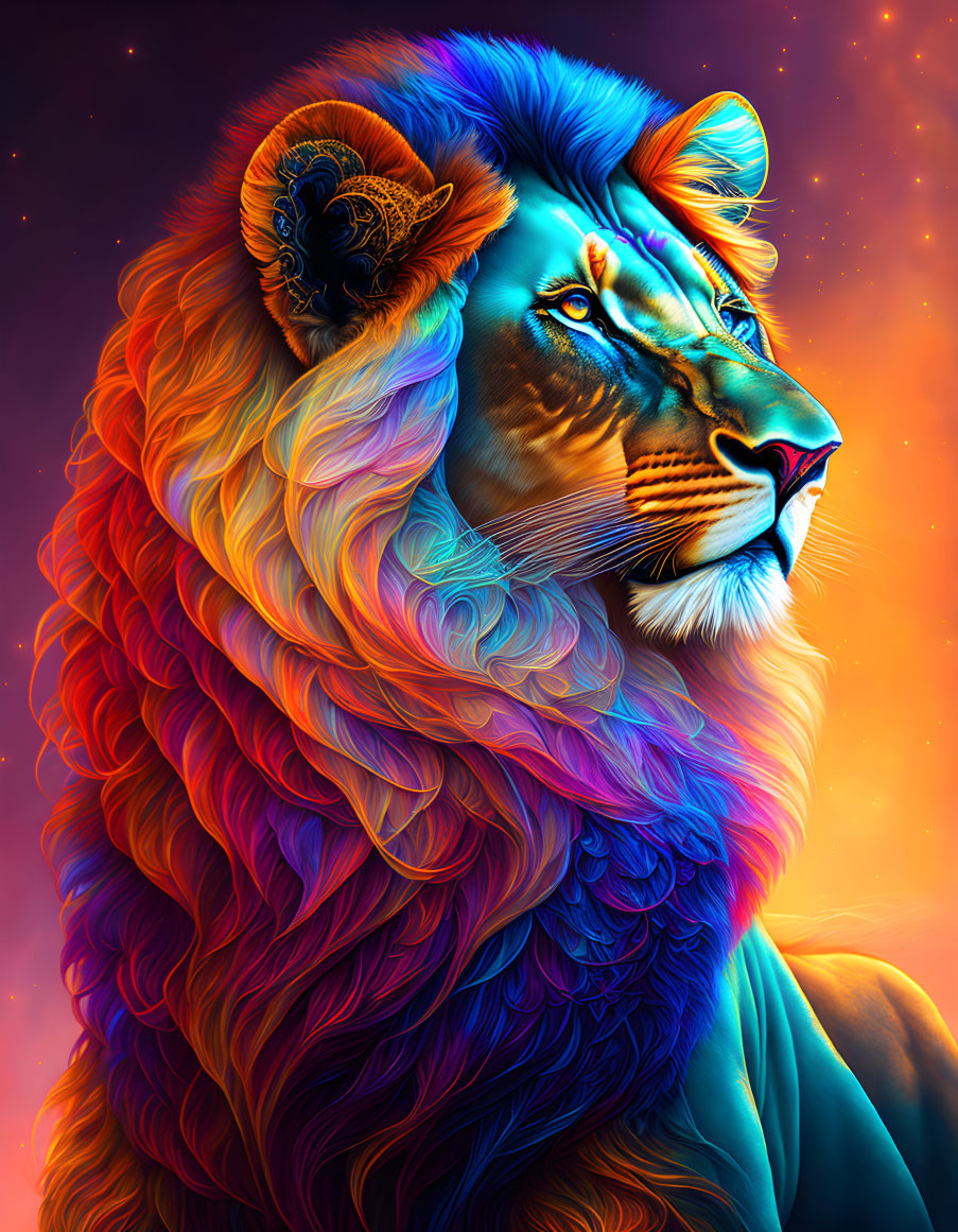 Colorful Lion Portrait Against Cosmic Background