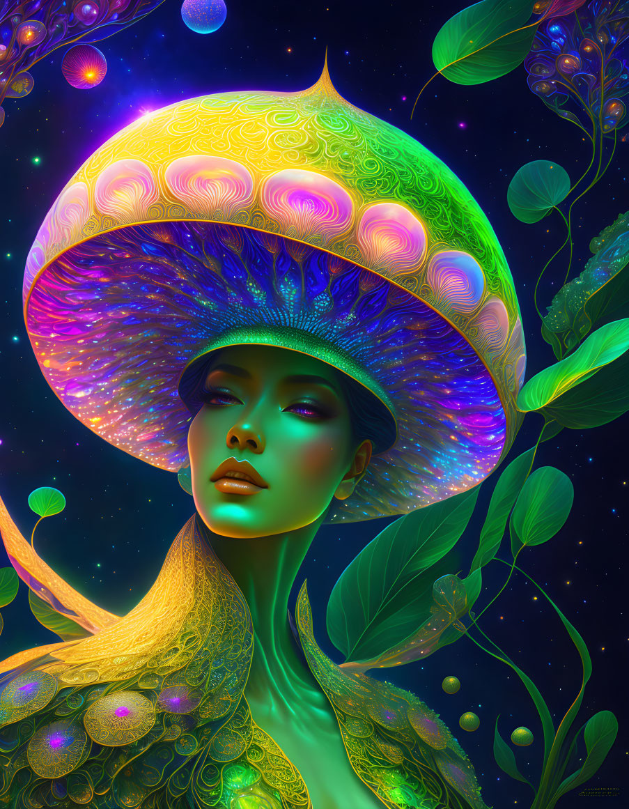 Colorful digital artwork: Woman with ornate mushroom cap hat in celestial setting