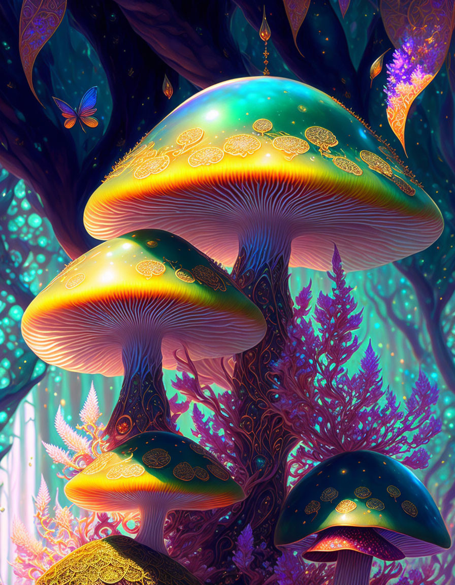 Colorful digital artwork of oversized mushrooms in a magical forest.