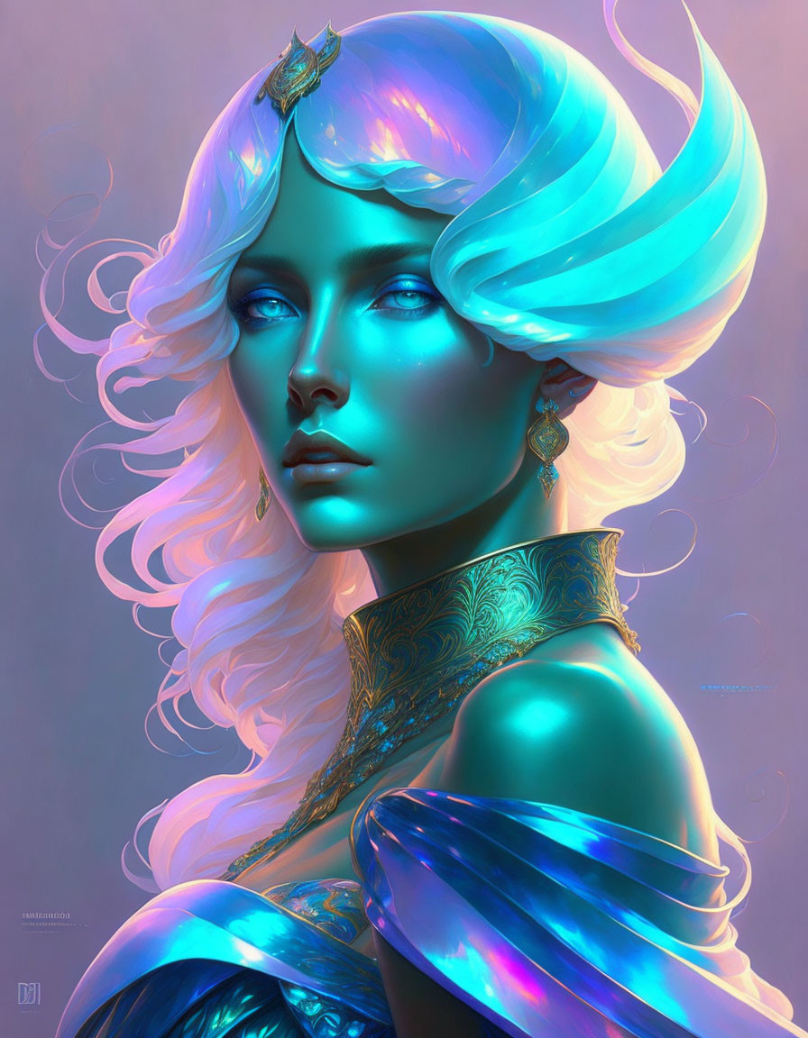 Fantasy digital art of blue-skinned female character in ornate clothing on purple background