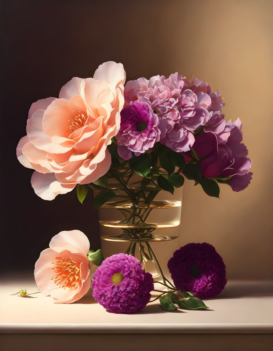 Pink and Peach Blooming Flowers in Golden Vase on Table