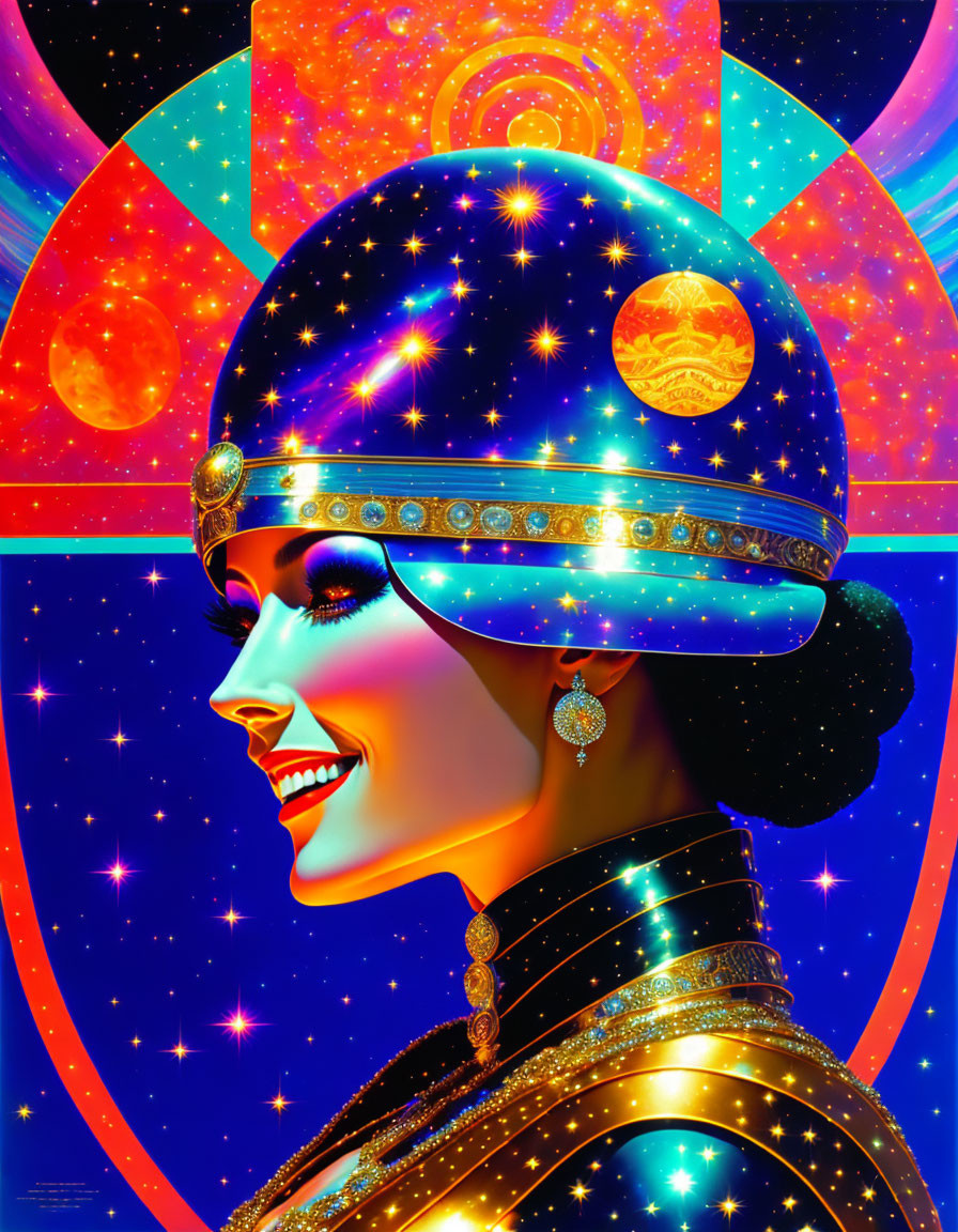 Smiling woman in cosmic helmet surrounded by stars and planets