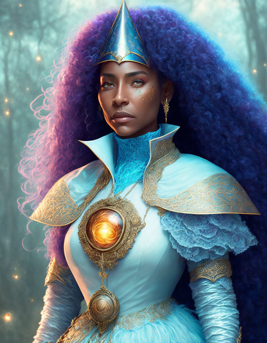 Fantastical portrait of woman with blue hair in golden armor in mystical forest