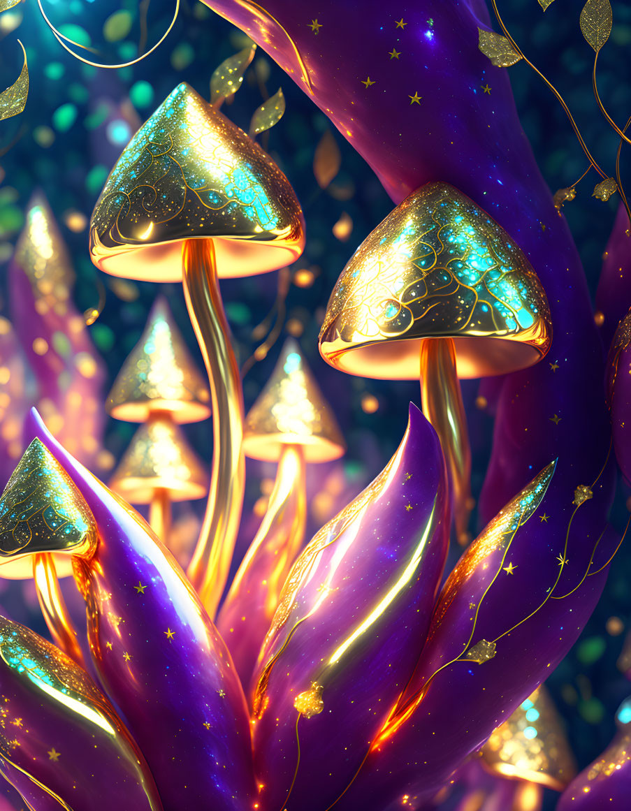 Golden-capped fantasy mushrooms in a mystical forest setting