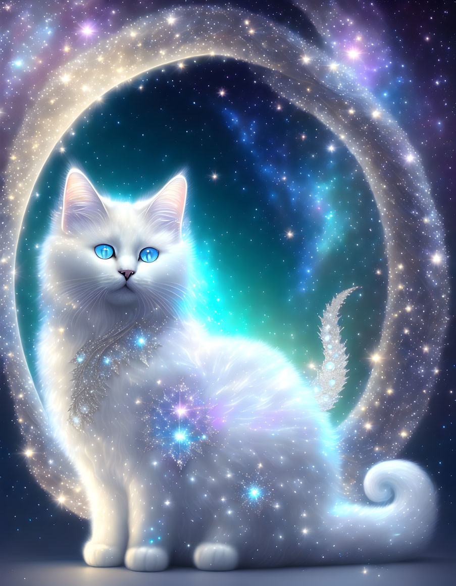 White Cat with Blue Eyes in Cosmic Setting