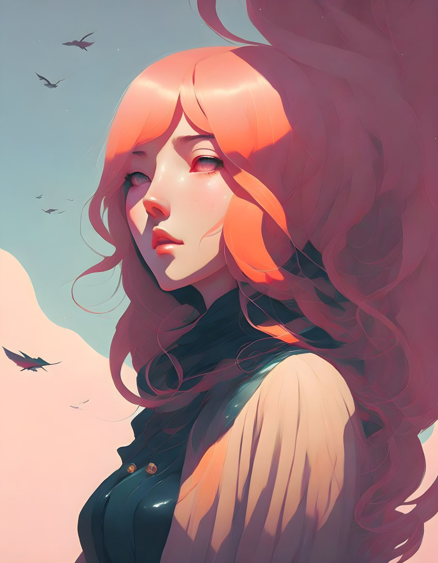 Dreamy Woman Illustration with Flowing Hair and Birds in Pastel Sky