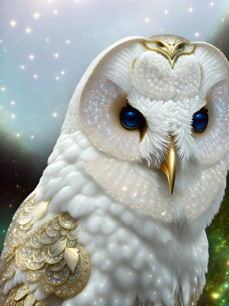 Majestic White Owl with Blue Eyes and Gold Feathers on Starry Background