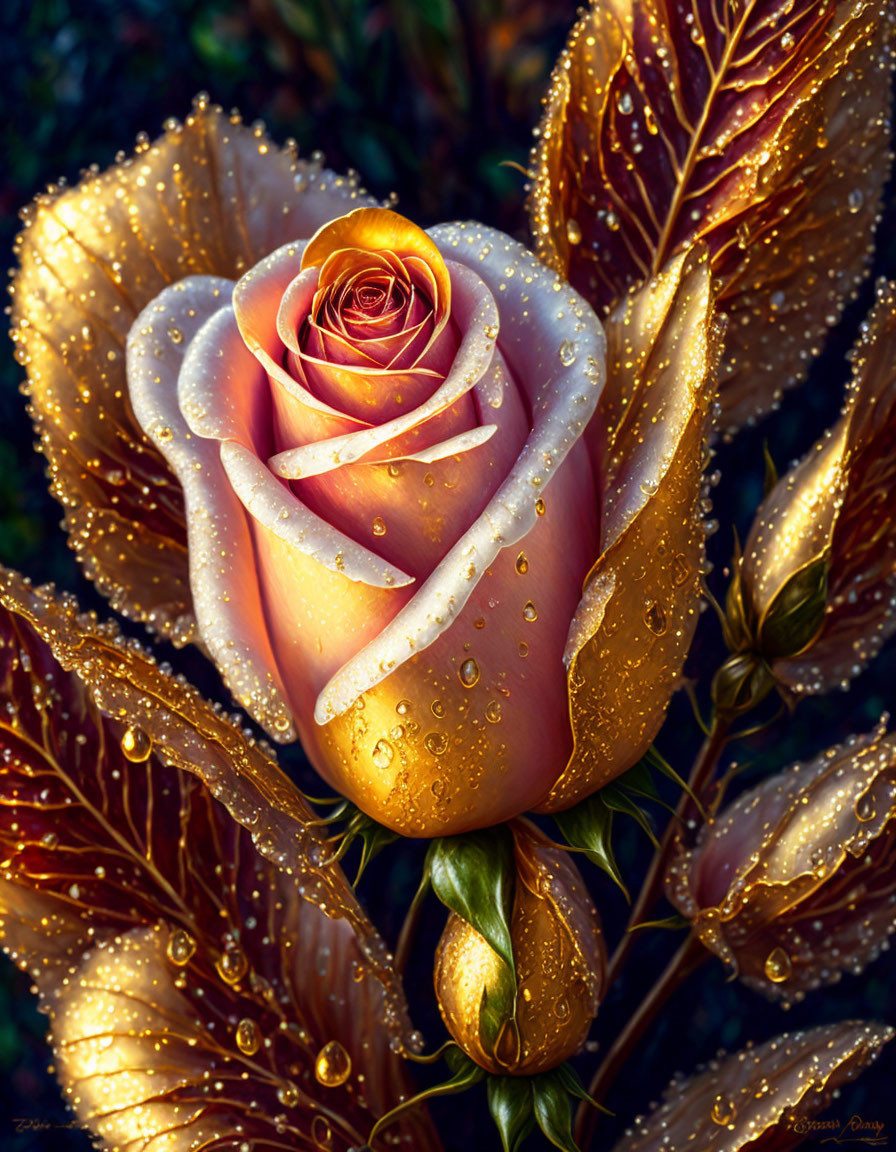 Close-up of dew-covered rose with cream to peach gradient petals, golden leaves and buds, on dark